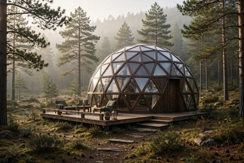 alternative housing options: a geodesic dome home with triangular windows in a pine clearing