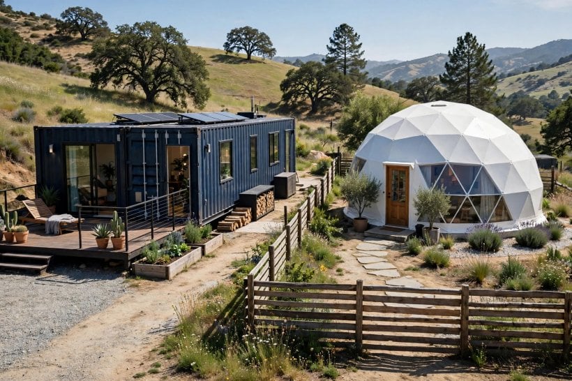 alternative housing options: a container home and a dome compared side by side on neighbouring plots