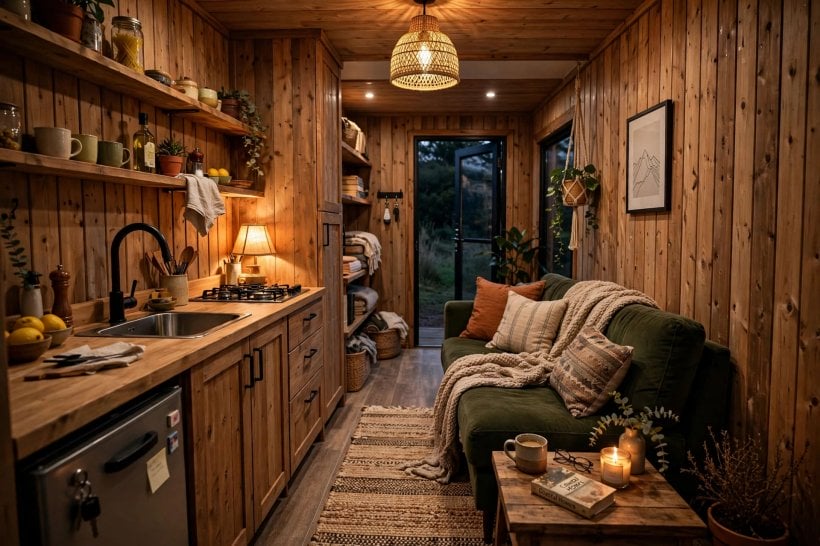alternative housing options: daily life inside a finished shipping container home