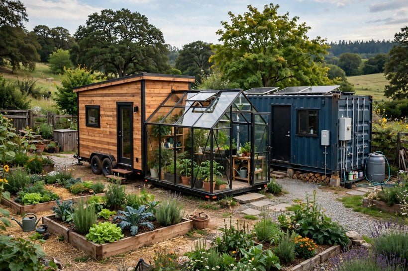 alternative housing options: a tiny house hybrid with a greenhouse lean-to and container utility wing