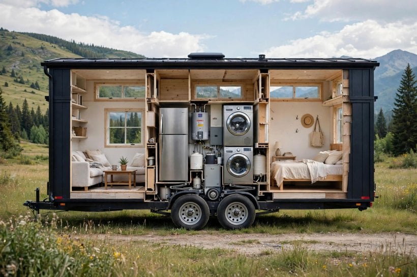 appliance placement strategy: centred heavy loads over trailer axles in a tiny house cutaway