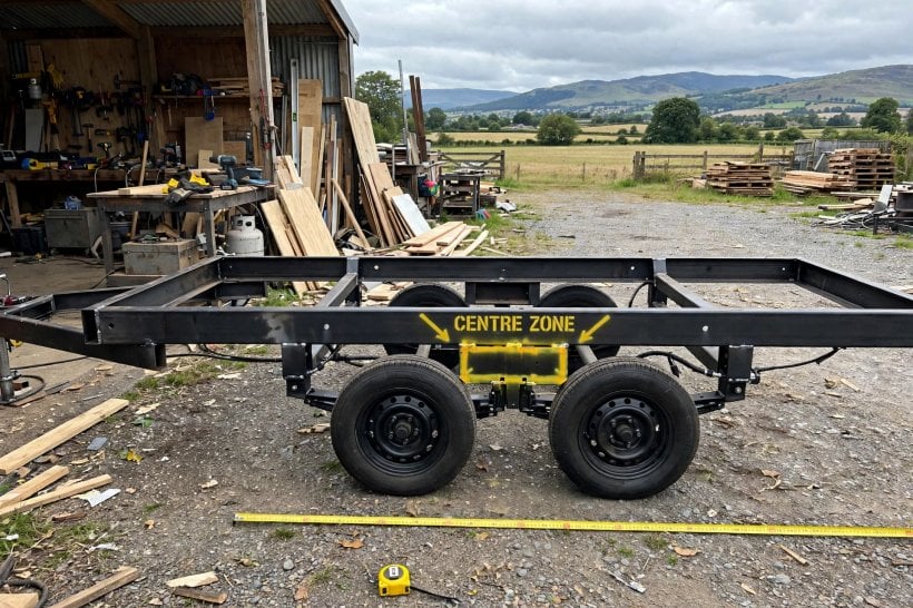 appliance placement strategy: axle centre safe zone marked on a tiny house trailer frame