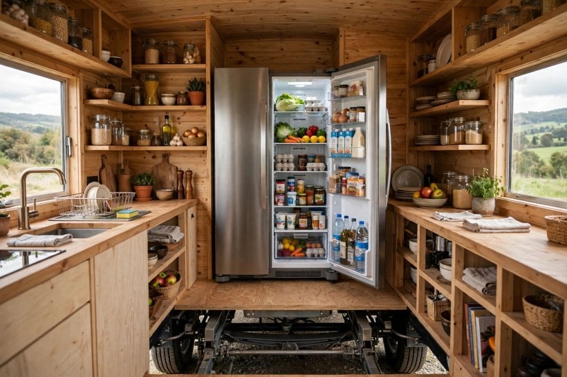 appliance placement strategy: full-size fridge centred over the axles in a tiny house kitchen