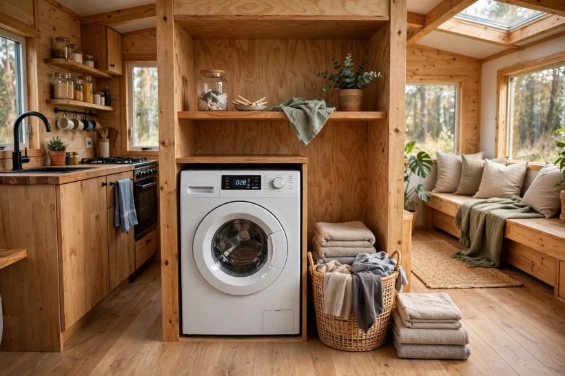 appliance placement strategy: compact washer dryer unit installed low near the centre of a tiny house