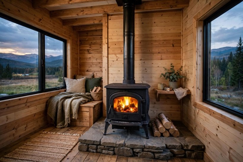 appliance placement strategy: cast iron stove fixed low on a hearth near the centre of a tiny house