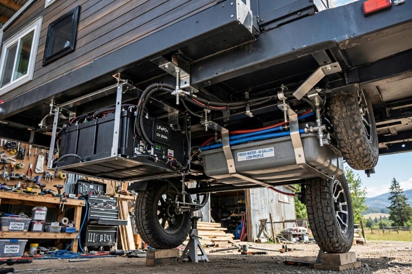appliance placement strategy: battery bank and water tank mounted low between the axles under a tiny house
