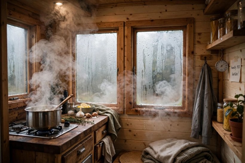 Awning vs. Sliding Windows: steam from cooking loading the small air volume of a tiny house kitchen