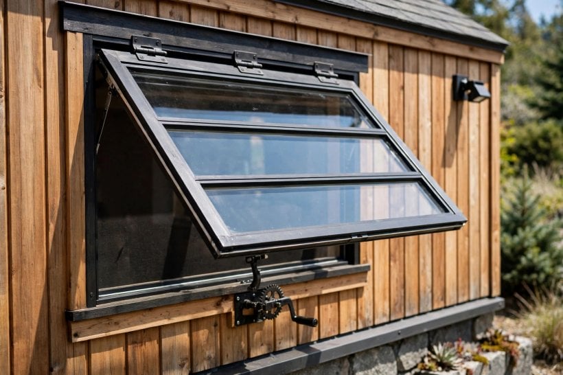 Awning vs. Sliding Windows: an awning window hinged at the top with its bottom cranked outward