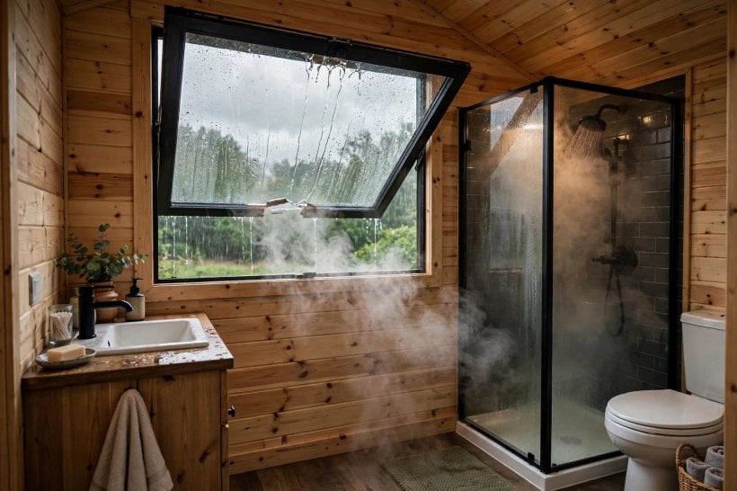 Awning vs. Sliding Windows: an awning window cracked open over a steaming tiny house shower in the rain