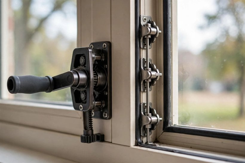 Awning vs. Sliding Windows: internal crank hardware locking an awning sash into its frame at multiple points