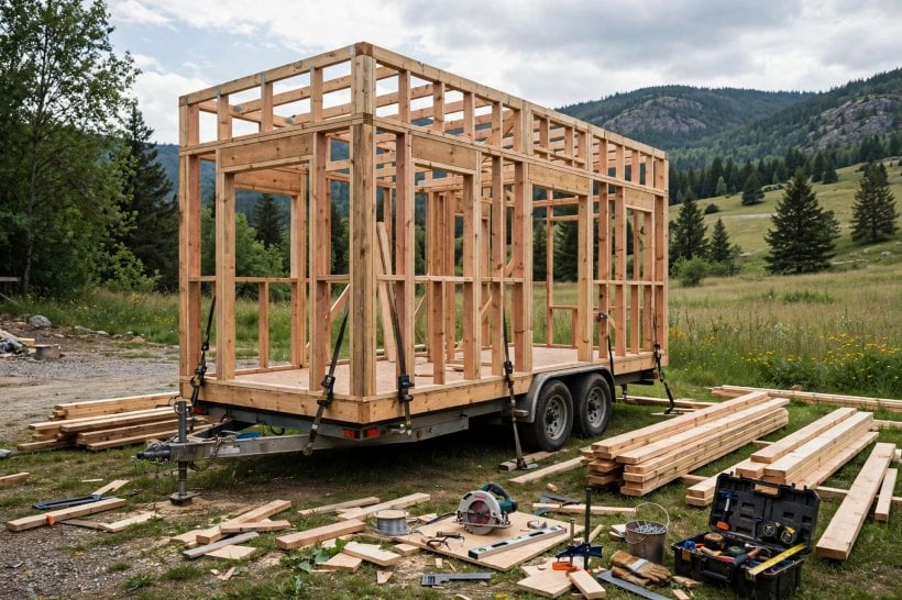 double vs triple axle: loaded tiny house trailer chassis carrying a framed house shell