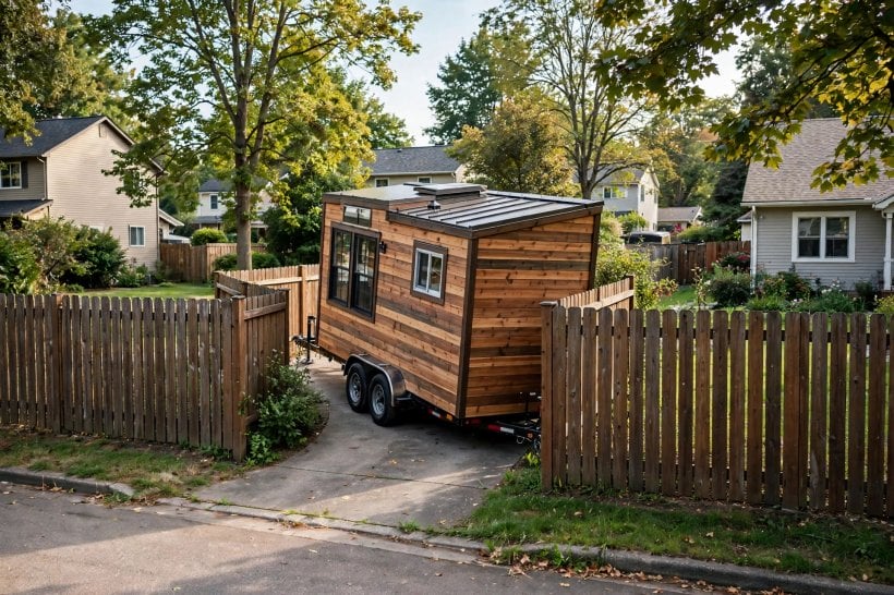 double vs triple axle: tiny house trailer pivoting into a tight driveway parking spot