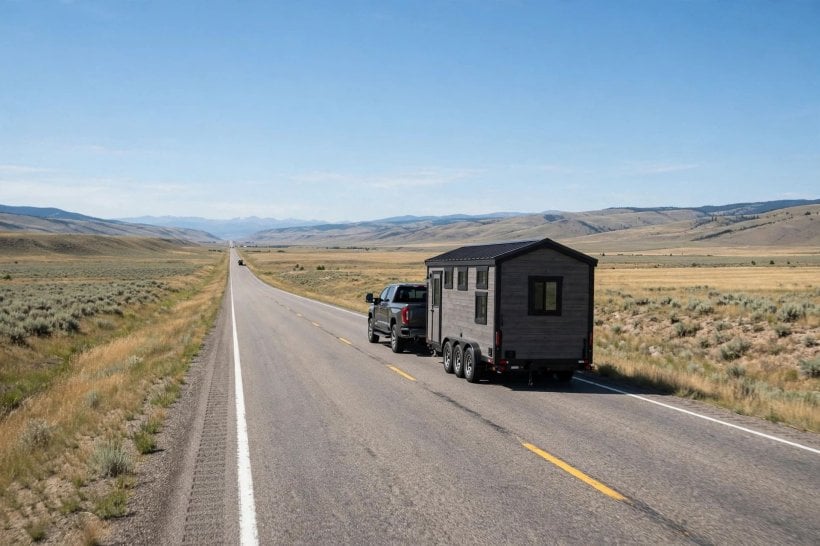 double vs triple axle: triple axle tiny house trailer tracking straight on a highway