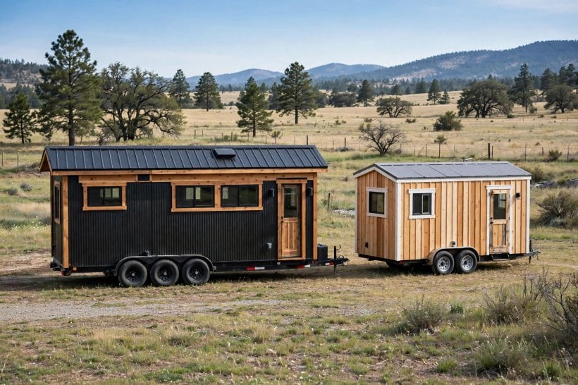 double vs triple axle: long tiny house on a triple axle trailer frame beside a shorter tandem trailer