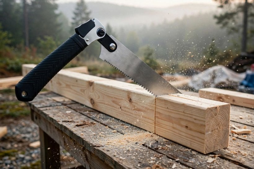 best saws for off-grid construction: a Japanese pull saw cutting cleanly through a stud on an outdoor workbench