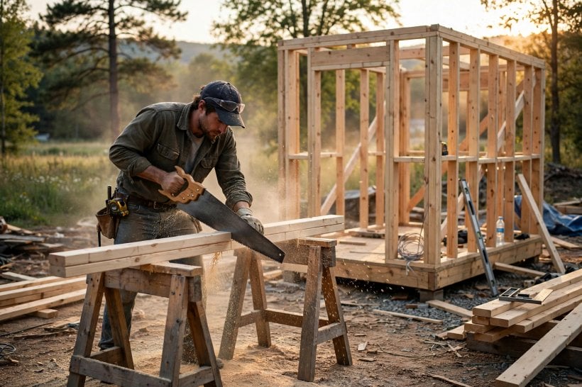 best saws for off-grid construction: crosscutting framing lumber with a classic panel hand saw beside a tiny house frame