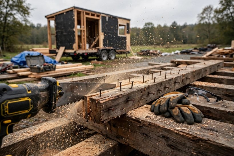 best saws for off-grid construction: a cordless reciprocating saw cutting nailed demolition lumber at a renovation site