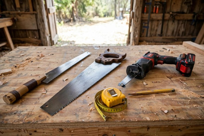best saws for off-grid construction: the three core saws laid side by side on a plywood workbench for comparison