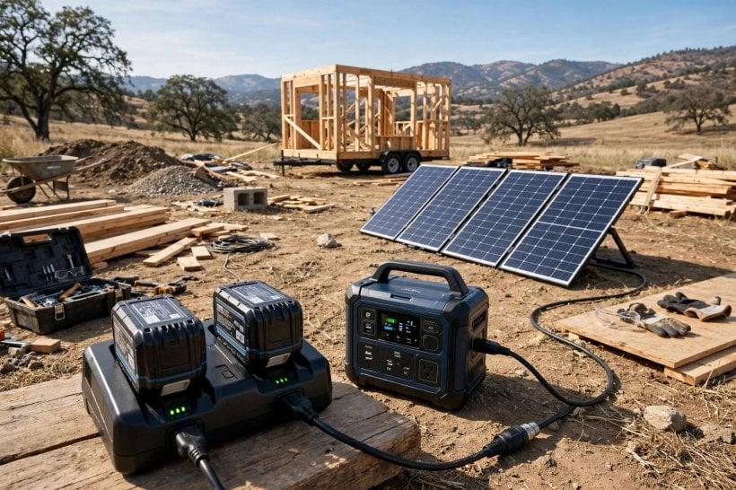 best saws for off-grid construction: tool batteries charging from a portable power station and solar panel at an off-grid site