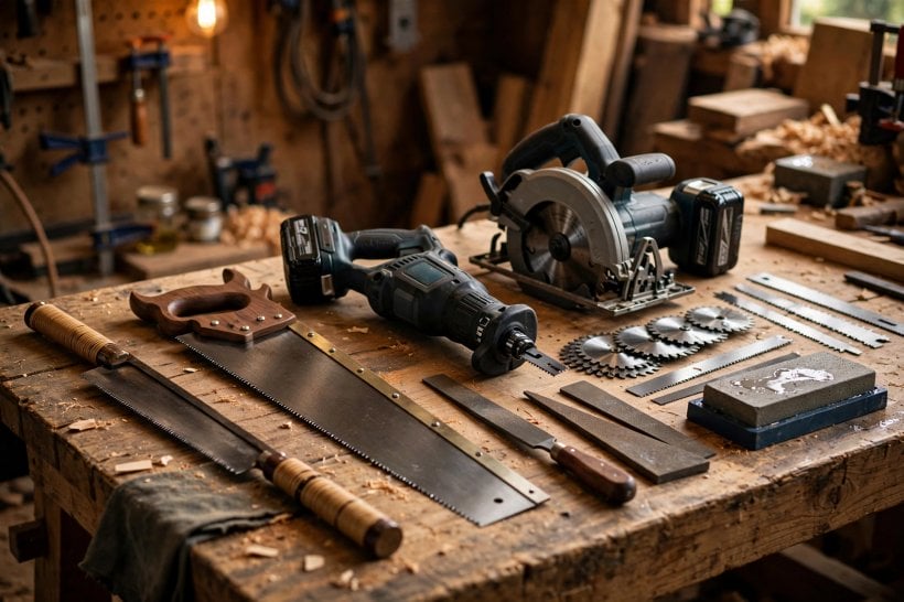 best saws for off-grid construction: the complete off-grid saw kit with spare blades and sharpening tools on a workbench