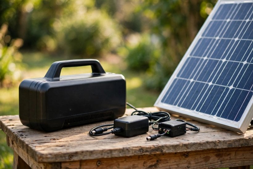 The Best Solar Chargers for E-Bikes and Portable Electric Vehicles: an e-bike battery and charging brick beside a 200W panel