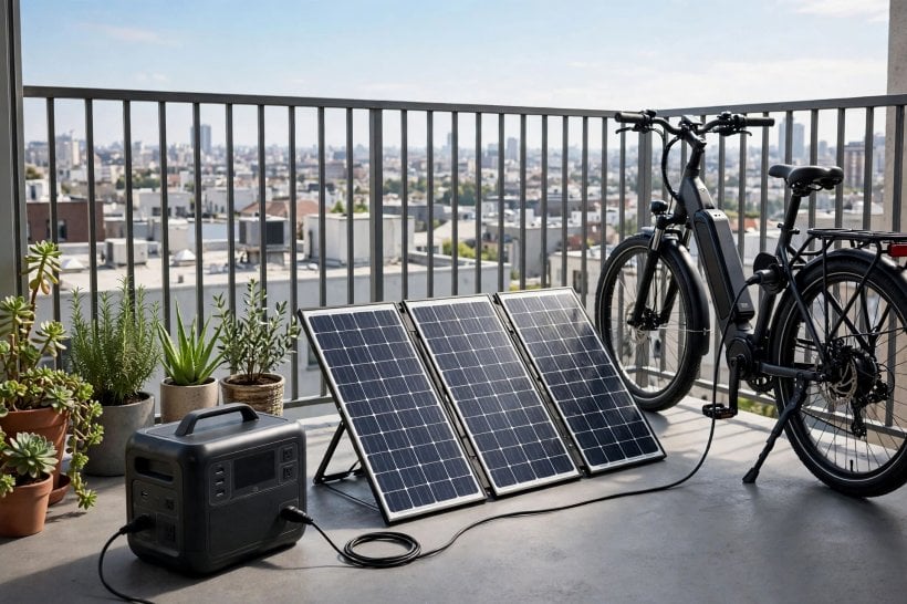 The Best Solar Chargers for E-Bikes and Portable Electric Vehicles: a portable power station charging an e-bike on an apartment balcony