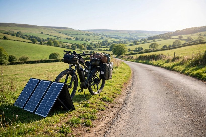 The Best Solar Chargers for E-Bikes and Portable Electric Vehicles: a touring e-bike charging from a folding panel beside the road