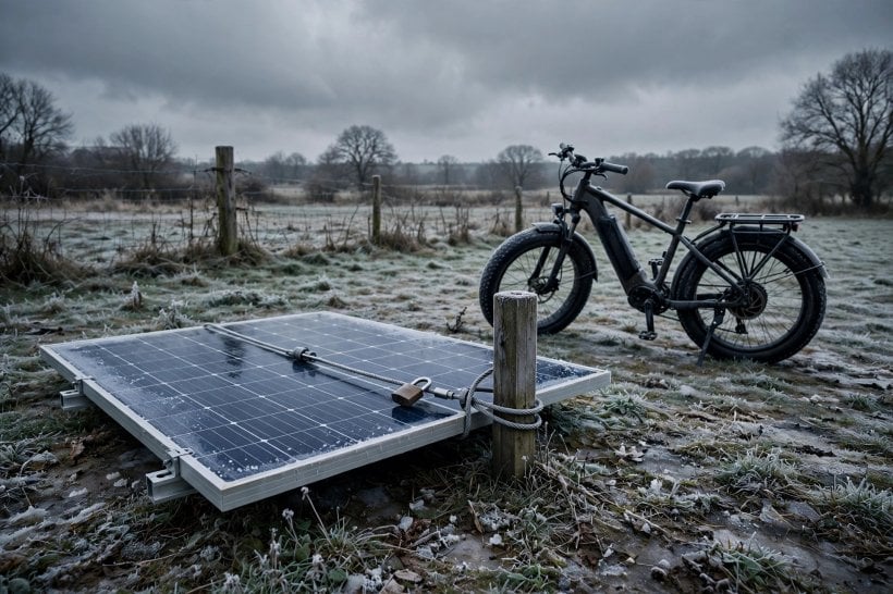 The Best Solar Chargers for E-Bikes and Portable Electric Vehicles: a ground-deployed panel secured with a cable lock under grey skies