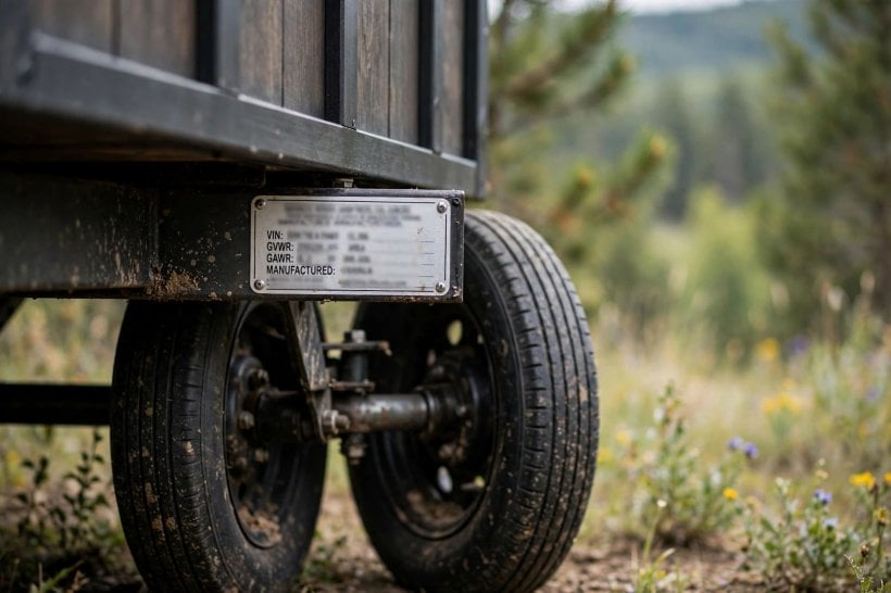 tiny house GVWR: trailer axle and rating plate in close view