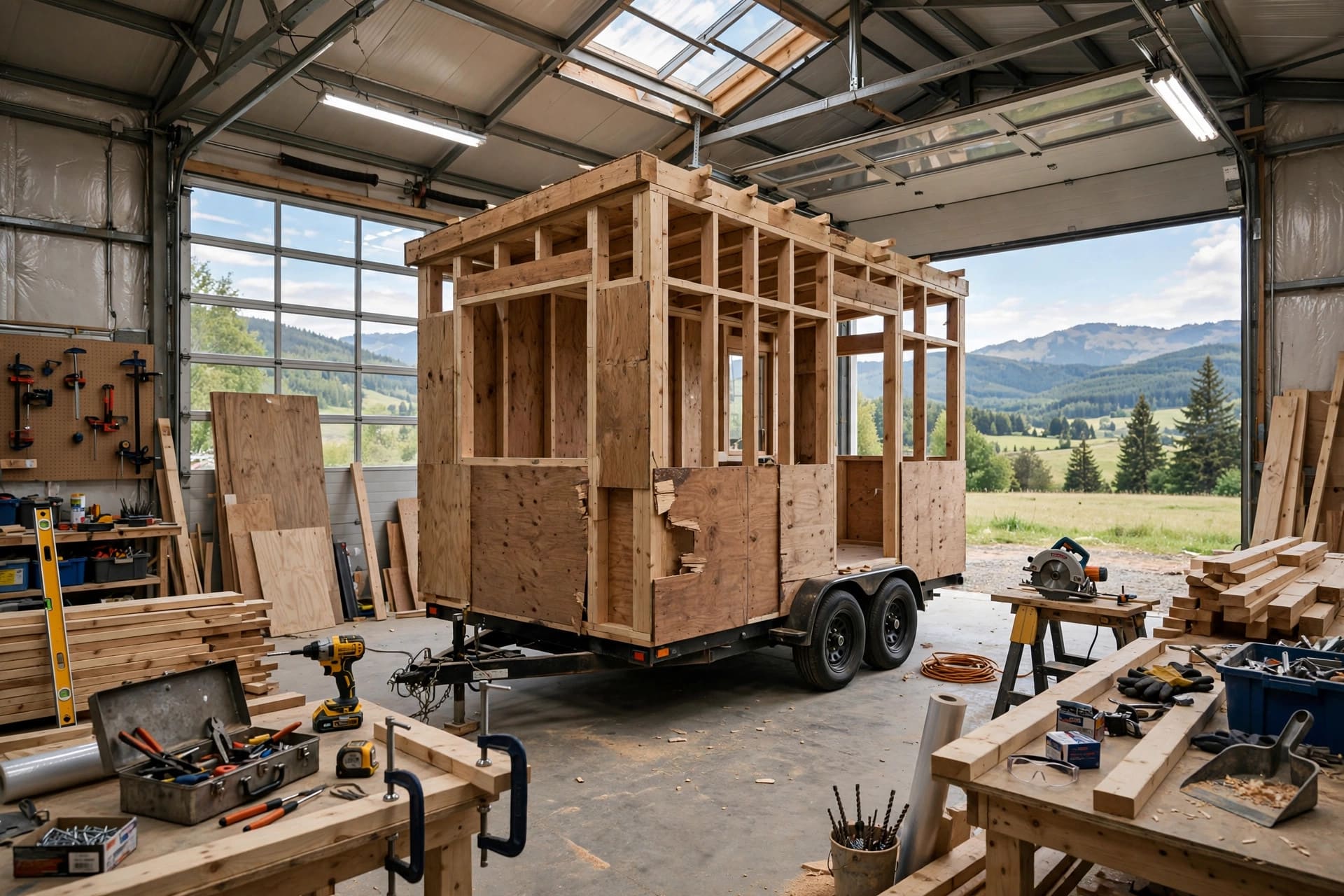 tiny house GVWR: framing and sheathing during a tiny house build