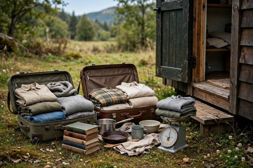 tiny house GVWR: belongings, books and kitchenware packed for weighing