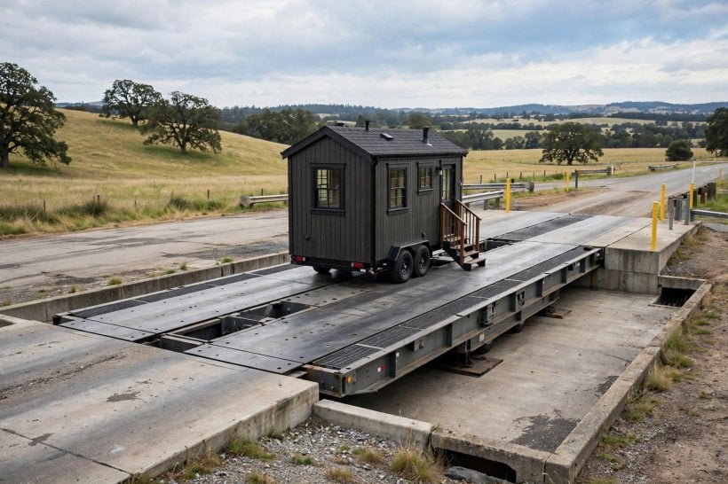 tiny house GVWR: tiny house on a platform scale during weighing