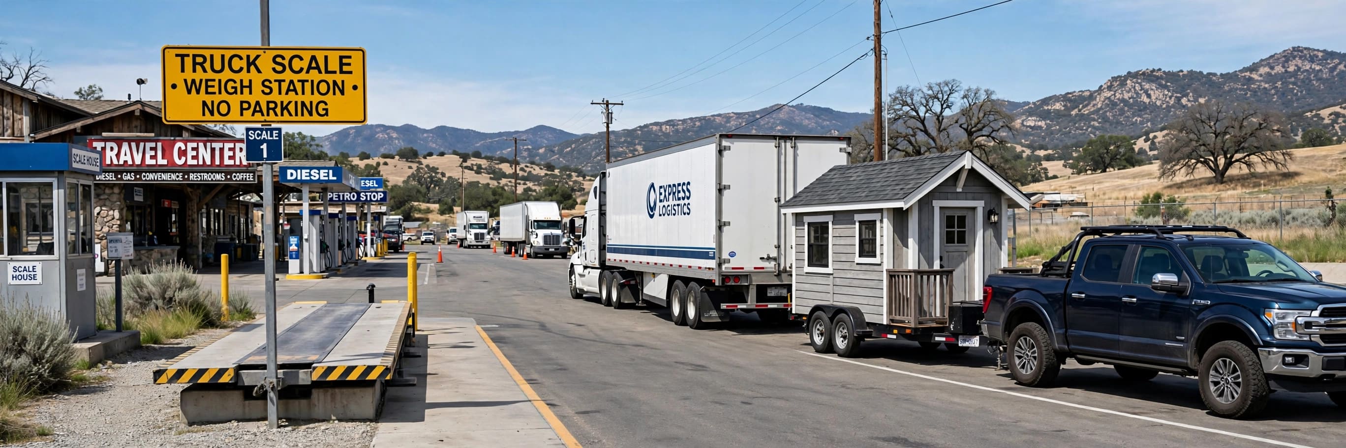 CAT scale weighing: pickup truck and tiny house waiting in line at a truck stop scale