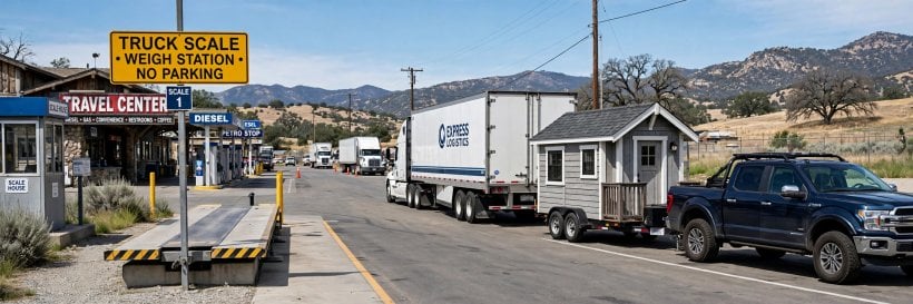 CAT scale weighing: pickup truck and tiny house waiting in line at a truck stop scale