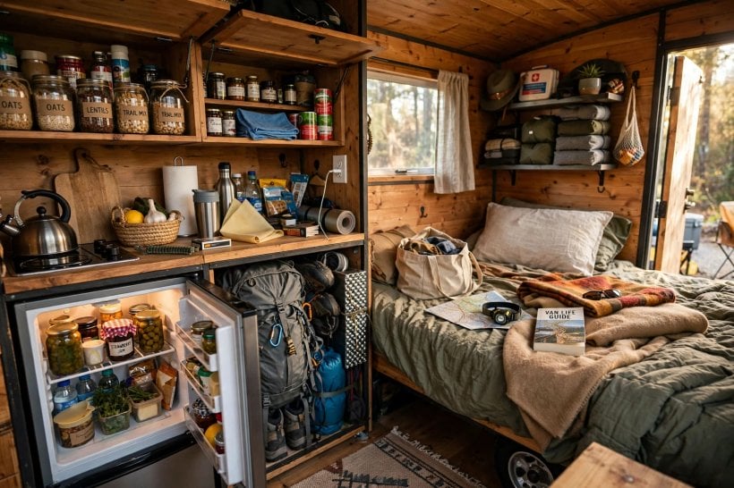 CAT scale weighing: loading a tiny house interior in full travel trim before a weigh