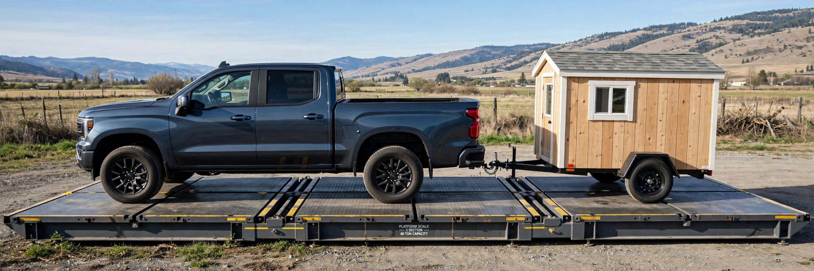 CAT scale weighing: truck and tiny house aligned across the three pads of a platform scale