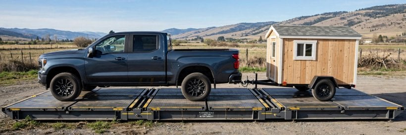 CAT scale weighing: truck and tiny house aligned across the three pads of a platform scale