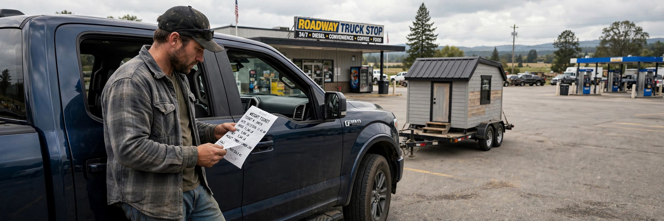 CAT scale weighing: driver reading a printed certified weight ticket beside the truck cab