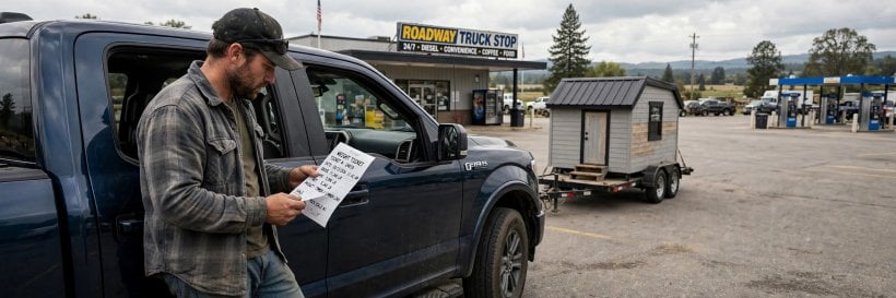 CAT scale weighing: driver reading a printed certified weight ticket beside the truck cab