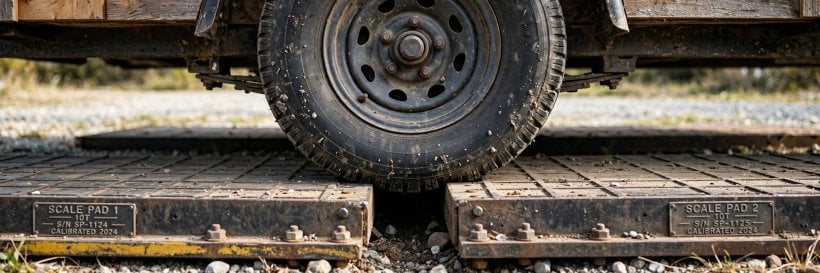 CAT scale weighing: close view of trailer wheels stopped across the gap between scale pads