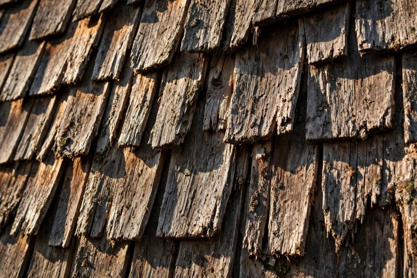 cedar shakes on a tiny house: layered shingles casting deep shadow lines in raking sunlight