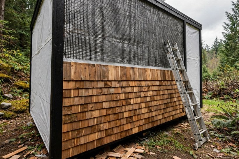 cedar shakes on a tiny house: shakes going over a woven drainage mat on the wall