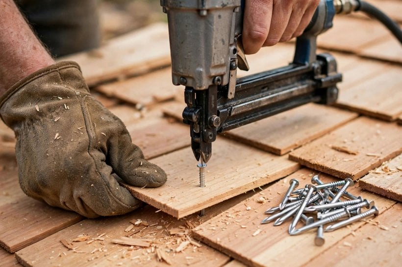 cedar shakes on a tiny house: stainless ring-shank nails driven clean into the shingles