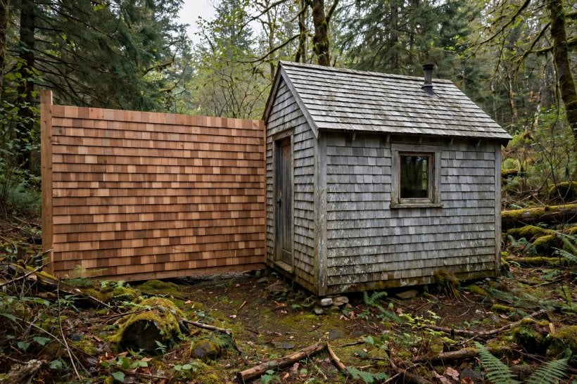 cedar shakes on a tiny house: silvered weathered shingles beside fresh natural cedar