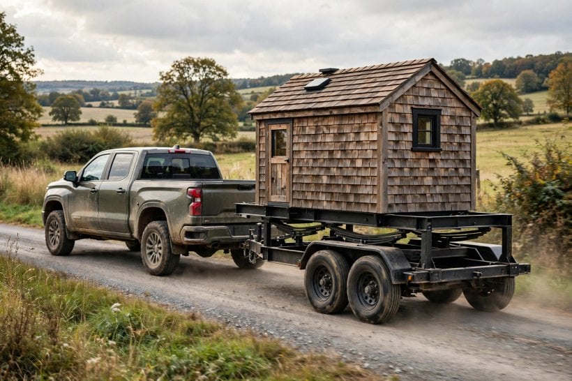 cedar shakes on a tiny house: a shake-clad house riding on its heavy-duty trailer