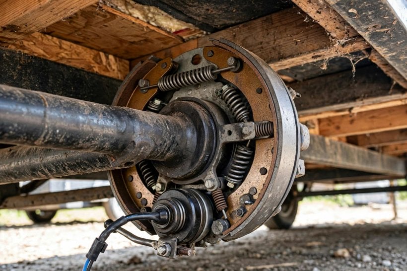 how to choose trailer axles for a tiny house: an electric drum brake assembly with the drum removed