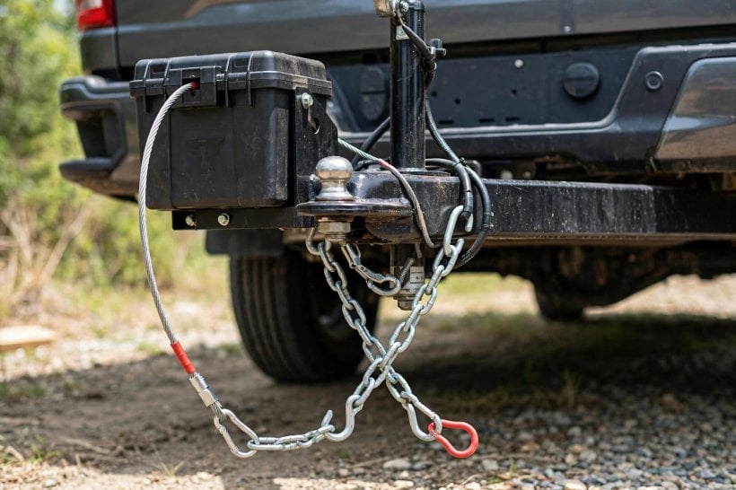 how to choose trailer axles for a tiny house: a breakaway kit and safety chains mounted on the trailer tongue