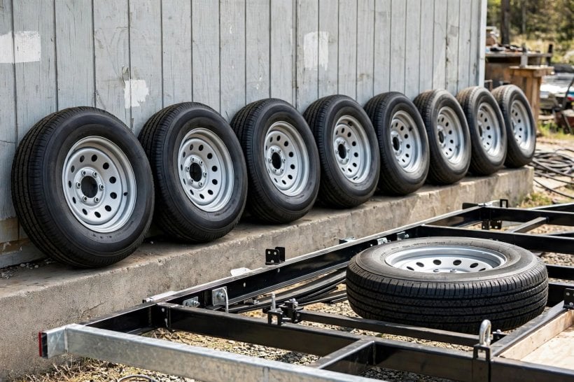 how to choose trailer axles for a tiny house: 16-inch 8-lug wheels with ST trailer tires and a full-size spare
