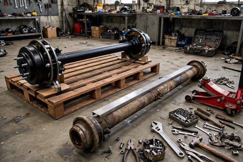 how to choose trailer axles for a tiny house: inspecting axle hubs and drums for wear beside a new assembly