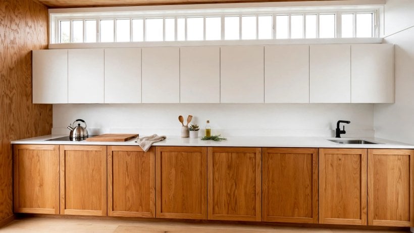clerestory window tiny house layouts: kitchen daylight band above a full cabinet run